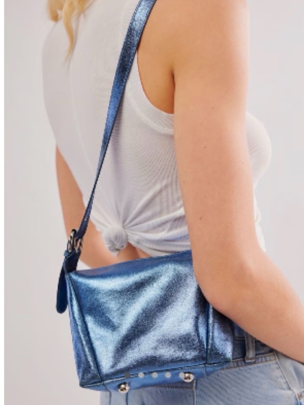 FREE PEOPLE Sabi Shoulder Bag Leather Metallic Blue Mini Crossbody Y2K fairy